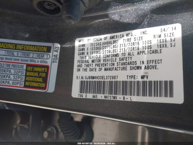 45199720 :رقم المزاد ، 5J6RM4H30EL072897 vin ، 2014 Honda Cr-v Lx مزاد بيع