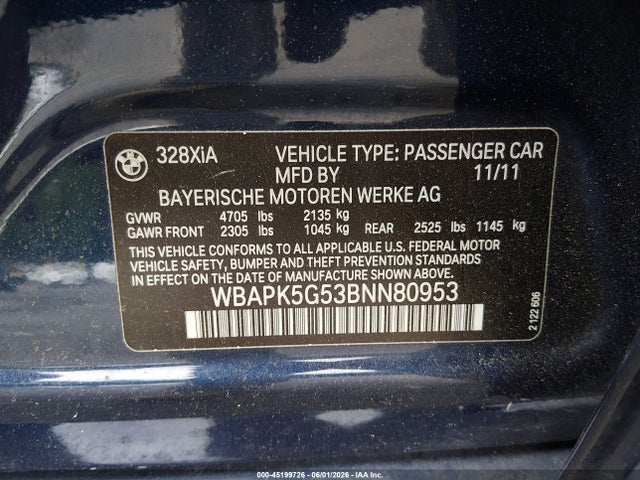 Aukcja sprzedaży 2011 Bmw 328i Xdrive, vin: WBAPK5G53BNN80953, numer aukcji: 45199726