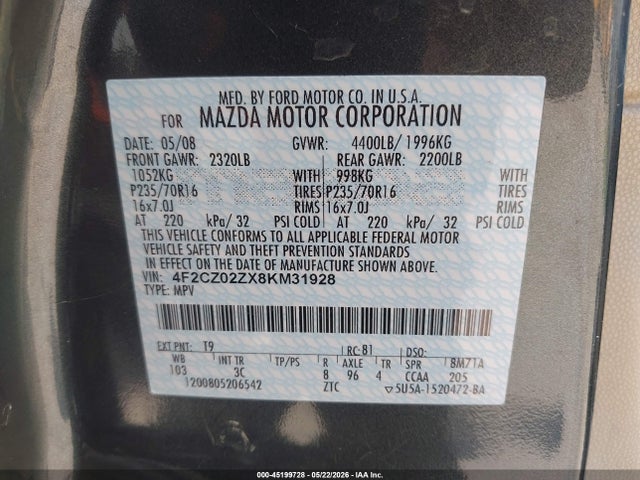 Auction sale of the 2008 Mazda Tribute I Touring, vin: 4F2CZ02ZX8KM31928, lot number: 45199728