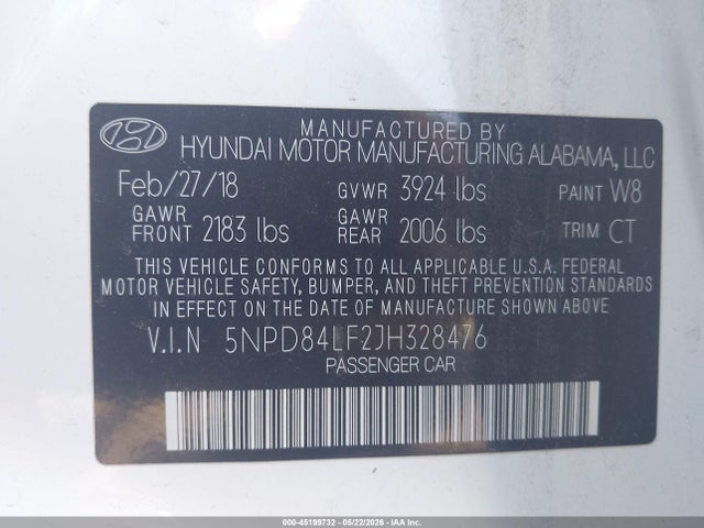 45199732 :رقم المزاد ، 5NPD84LF2JH328476 vin ، 2018 Hyundai Elantra Sel مزاد بيع