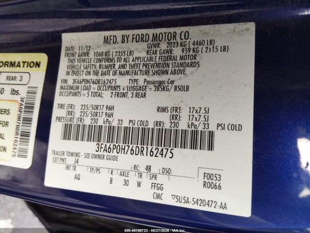 Продажа на аукционе авто 2013 Ford Fusion Se, vin: 3FA6P0H76DR162475, номер лота: 45199733