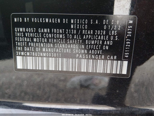 2022 Volkswagen Jetta 1.5t S მანქანა იყიდება აუქციონზე, vin: 3VWCM7BU2NM003011, აუქციონის ნომერი: 45199738