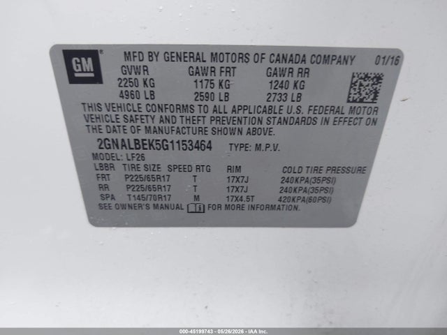 Продаж на аукціоні авто 2016 Chevrolet Equinox Ls, vin: 2GNALBEK5G1153464, номер лоту: 45199743