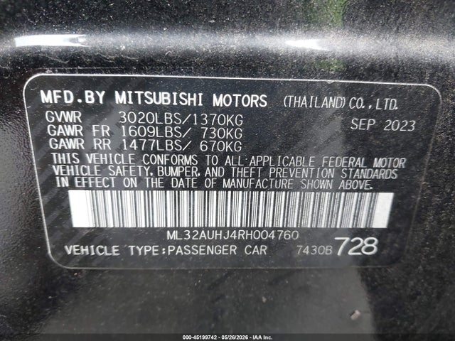 Aukcja sprzedaży 2024 Mitsubishi Mirage Es, vin: ML32AUHJ4RH004760, numer aukcji: 45199742