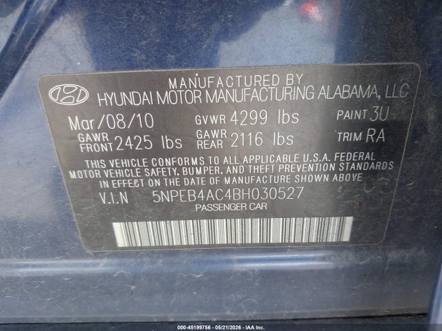 2011 Hyundai Sonata Gls მანქანა იყიდება აუქციონზე, vin: 5NPEB4AC4BH030527, აუქციონის ნომერი: 45199756