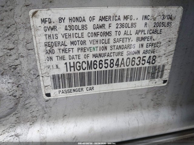 Auction sale of the 2004 Honda Accord 3.0 Ex, vin: 1HGCM66584A063548, lot number: 45199758