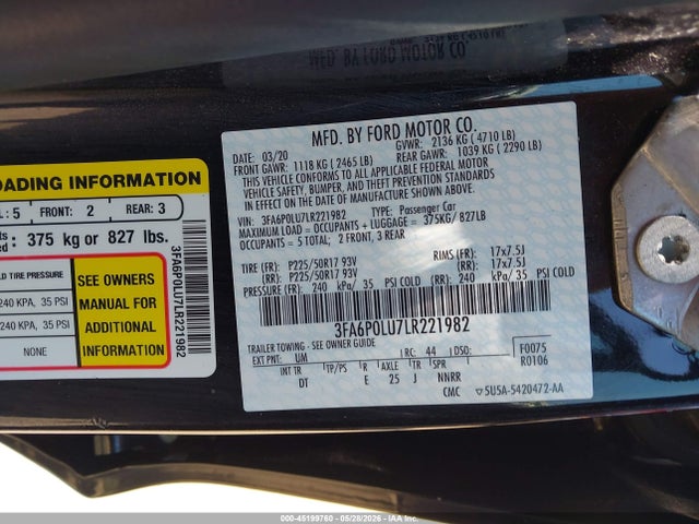 Aukcja sprzedaży 2020 Ford Fusion Hybrid Se, vin: 3FA6P0LU7LR221982, numer aukcji: 45199760