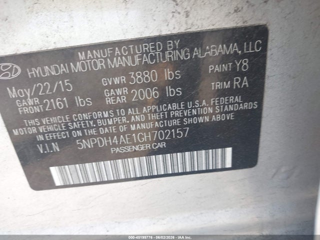 2016 Hyundai Elantra Se მანქანა იყიდება აუქციონზე, vin: 5NPDH4AE1GH702157, აუქციონის ნომერი: 45199776