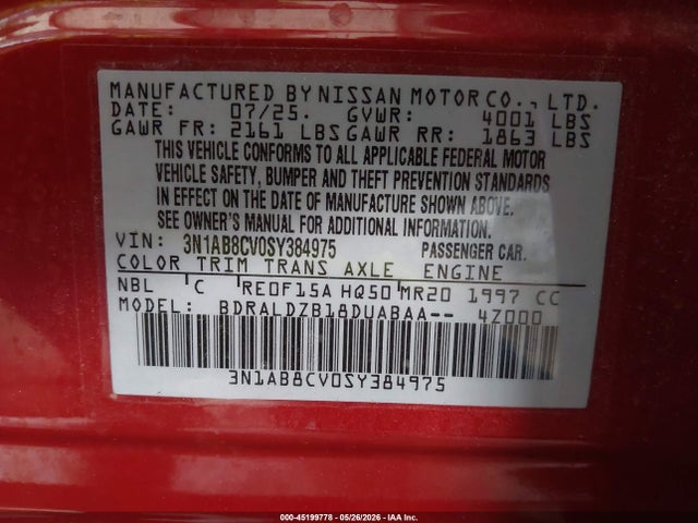 Aukcja sprzedaży 2025 Nissan Sentra Sv, vin: 3N1AB8CV0SY384975, numer aukcji: 45199778