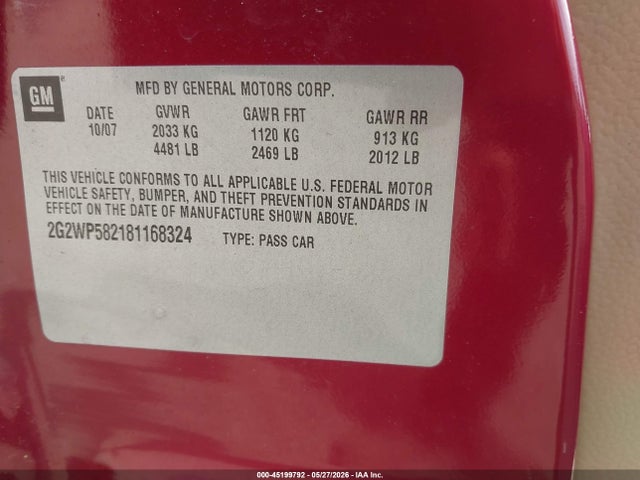 Продажа на аукционе авто 2008 Pontiac Grand Prix, vin: 2G2WP582181168324, номер лота: 45199792