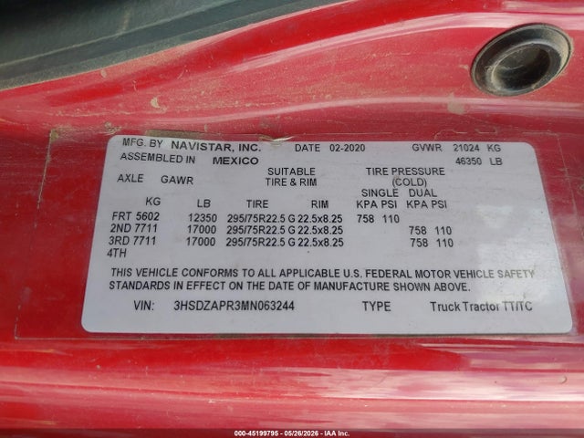Продаж на аукціоні авто 2021 International Lt, vin: 3HSDZAPR3MN063244, номер лоту: 45199795