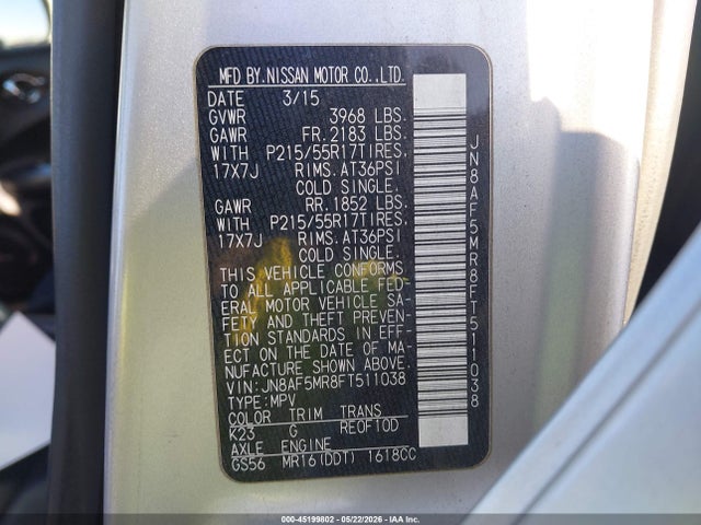 Aukcja sprzedaży 2015 Nissan Juke Sv, vin: JN8AF5MR8FT511038, numer aukcji: 45199802