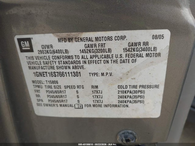 Продаж на аукціоні авто 2006 Chevrolet Trailblazer Ext Ls, vin: 1GNET16S766111301, номер лоту: 45199810