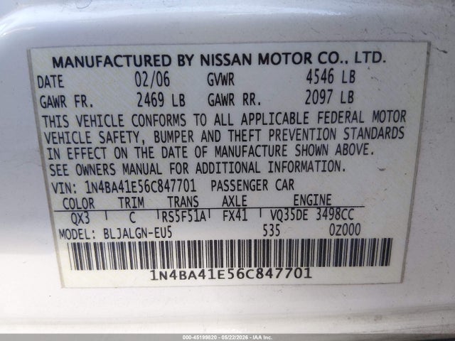 2006 Nissan Maxima 3.5 Sl მანქანა იყიდება აუქციონზე, vin: 1N4BA41E56C847701, აუქციონის ნომერი: 45199820