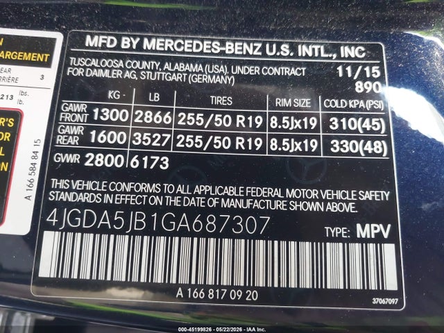 4JGDA5JB1GA687307 Mercedes-Benz GLE 350