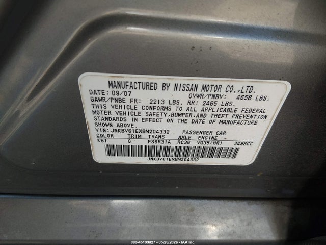 45199827 :رقم المزاد ، JNKBV61EX8M204332 vin ، 2008 Infiniti G35 Sport مزاد بيع