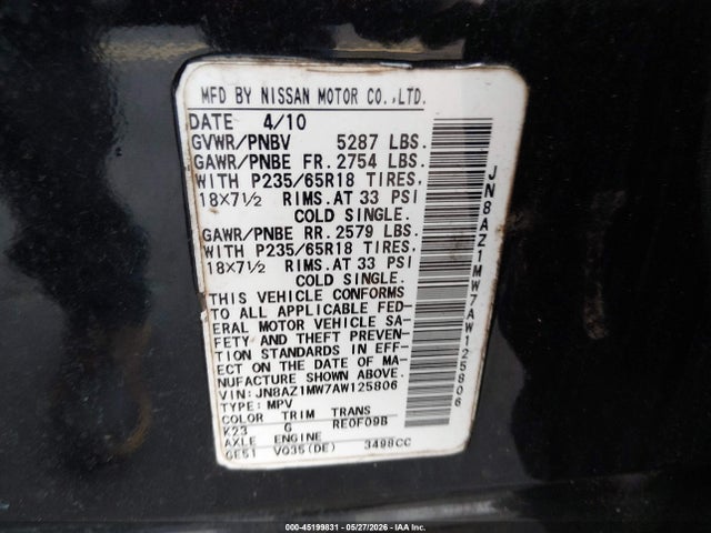 Продажа на аукционе авто 2010 Nissan Murano Sl, vin: JN8AZ1MW7AW125806, номер лота: 45199831