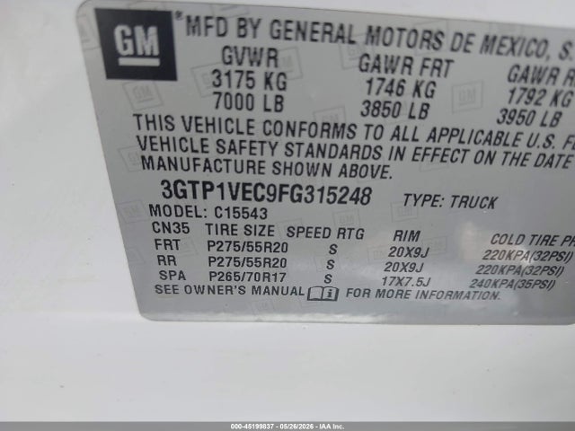 Продажа на аукционе авто 2015 Gmc Sierra 1500 Slt, vin: 3GTP1VEC9FG315248, номер лота: 45199837