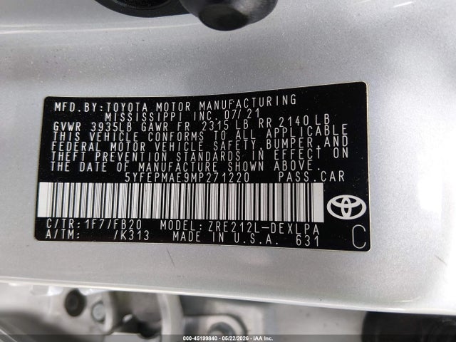 Aukcja sprzedaży 2021 Toyota Corolla Le, vin: 5YFEPMAE9MP271220, numer aukcji: 45199840