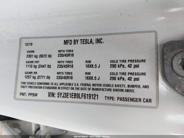 Tesla Model 3 Long Range Dual Motor All-wheel Drive 2020 5YJ3E1EB9LF619121 Image 9