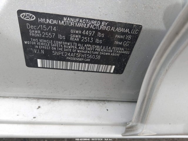 45199846 :رقم المزاد ، 5NPE24AF5FH156038 vin ، 2015 Hyundai Sonata Se مزاد بيع