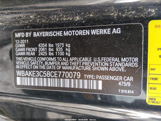 Aukcja sprzedaży 2012 Bmw 328i, vin: WBAKE3C58CE770079, numer aukcji: 45199857