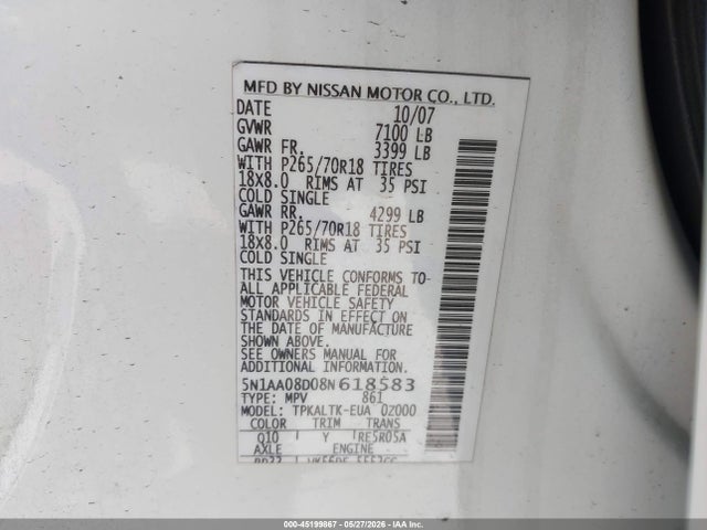 2008 Nissan Armada Se მანქანა იყიდება აუქციონზე, vin: 5N1AA08D08N618583, აუქციონის ნომერი: 45199867