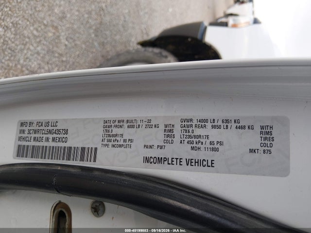 Продаж на аукціоні авто 2022 Ram 3500 Chassis Tradesman/slt/laramie/limited, vin: 3C7WRTCL5NG435738, номер лоту: 45199883