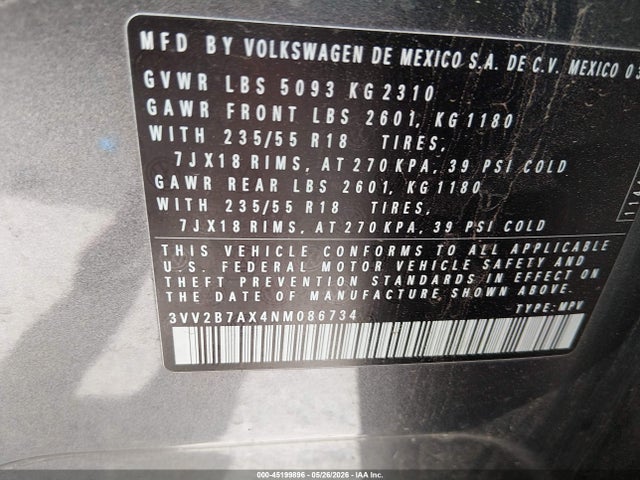 3VV2B7AX4NM086734 Volkswagen Tiguan 2.0t Se