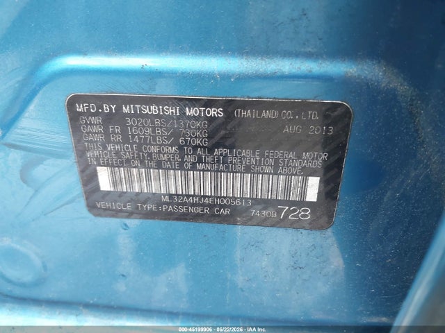 45199906 :رقم المزاد ، ML32A4HJ4EH005613 vin ، 2014 Mitsubishi Mirage Es مزاد بيع