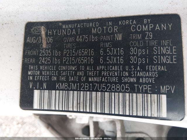 Aukcja sprzedaży 2007 Hyundai Tucson Gls, vin: KM8JM12B17U528805, numer aukcji: 45199930
