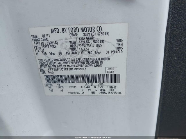 Продажа на аукционе авто 2011 Ford F-150 Xl, vin: 1FTMF1CM7BKD82927, номер лота: 45199943
