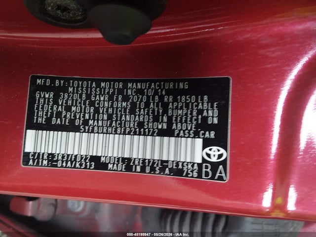 Продаж на аукціоні авто 2015 Toyota Corolla S, vin: 5YFBURHE8FP211172, номер лоту: 45199947