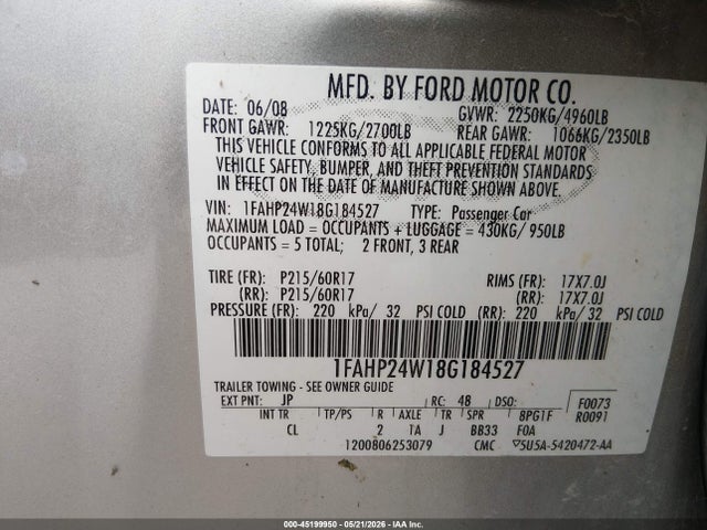 2008 Ford Taurus Sel მანქანა იყიდება აუქციონზე, vin: 1FAHP24W18G184527, აუქციონის ნომერი: 45199950