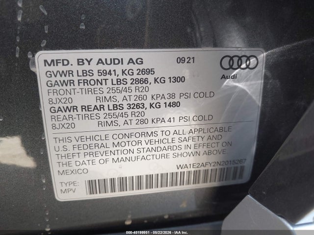 Продажа на аукционе авто 2022 Audi Q5 Premium Plus 55 Tfsi E S Line Quattro S Tronic, vin: WA1E2AFY2N2015267, номер лота: 45199951