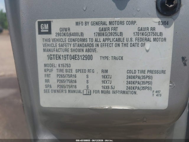 Продажа на аукционе авто 2004 Gmc Sierra 1500 Sle, vin: 1GTEK19T04E312900, номер лота: 45199955