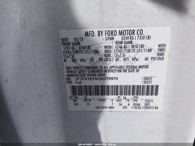 Продаж на аукціоні авто 2012 Ford F-150 Xl, vin: 1FTFX1EF6CKD70970, номер лоту: 45199957