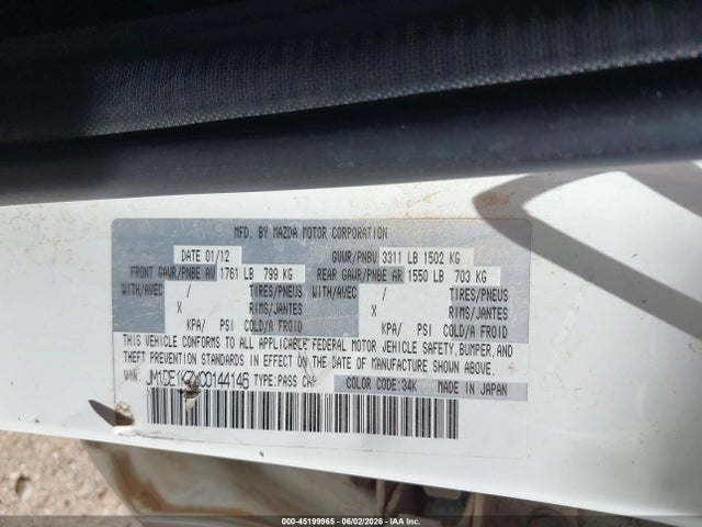 45199965 :رقم المزاد ، JM1DE1KZX00144146 vin ، 2012 Mazda Mazda2 مزاد بيع
