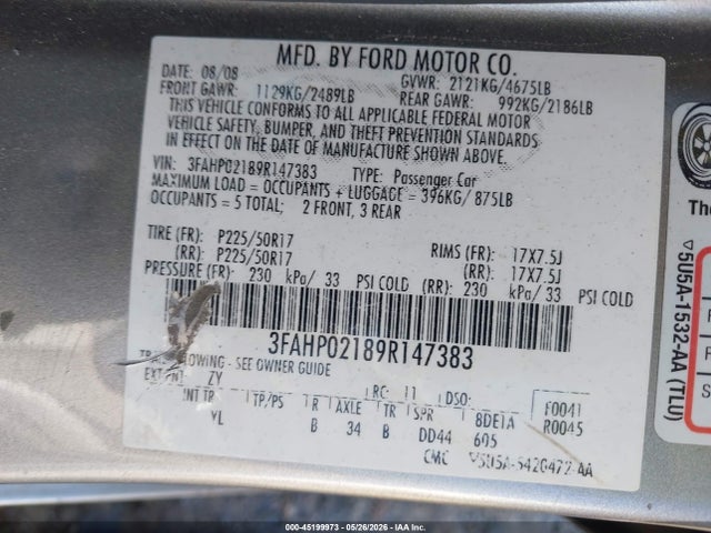 45199973 :رقم المزاد ، 3FAHP02189R147383 vin ، 2009 Ford Fusion Sel مزاد بيع