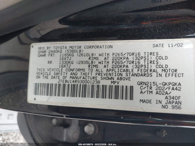 2003 Toyota 4runner Sr5 V6 მანქანა იყიდება აუქციონზე, vin: JTEBU14R930001238, აუქციონის ნომერი: 45199979