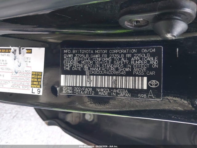 2004 Toyota Prius მანქანა იყიდება აუქციონზე, vin: JTDKB20U940098548, აუქციონის ნომერი: 45199986