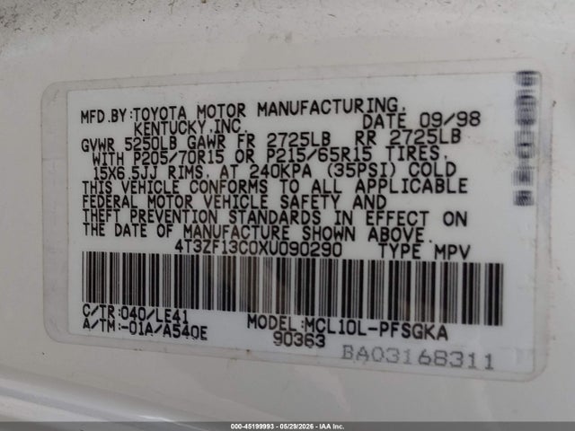 45199993 :رقم المزاد ، 4T3ZF13C0XU090290 vin ، 1999 Toyota Sienna Xle مزاد بيع