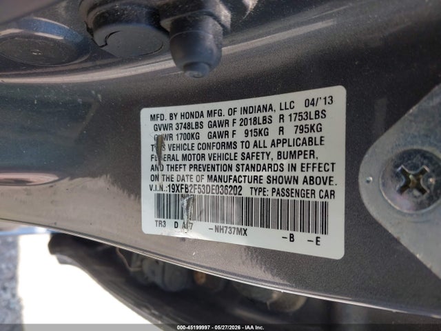 Продаж на аукціоні авто 2013 Honda Civic Lx, vin: 19XFB2F53DE036202, номер лоту: 45199997