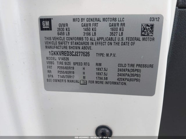 Продажа на аукционе авто 2012 Gmc Acadia Slt-1, vin: 1GKKVRED3CJ277626, номер лота: 45200002