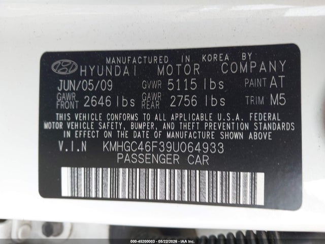 45200003 :رقم المزاد ، KMHGC46F39U064933 vin ، 2009 Hyundai Genesis 4.6 مزاد بيع