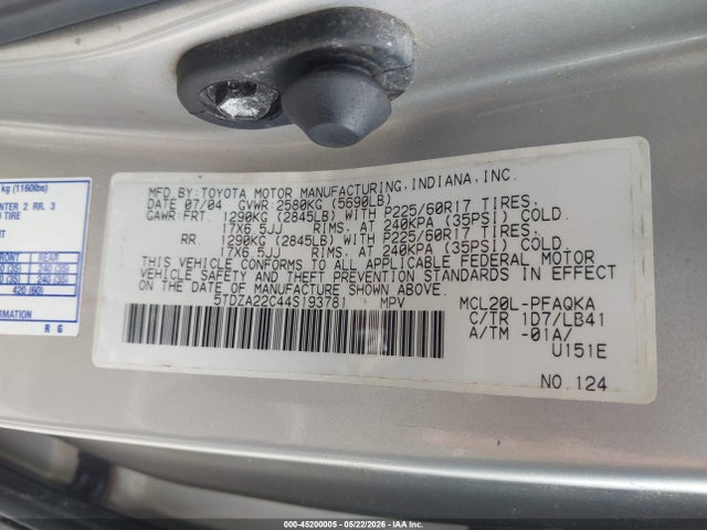 45200005 :رقم المزاد ، 5TDZA22C44S193781 vin ، 2004 Toyota Sienna Xle Limited مزاد بيع