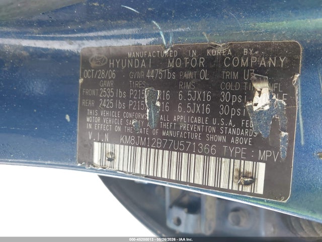 2007 Hyundai Tucson Gls მანქანა იყიდება აუქციონზე, vin: KM8JM12B77U571366, აუქციონის ნომერი: 45200013
