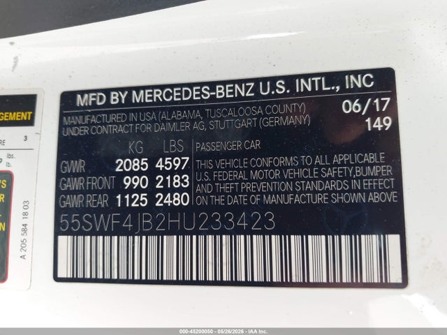 55SWF4JB2HU233423 Mercedes-Benz C 300