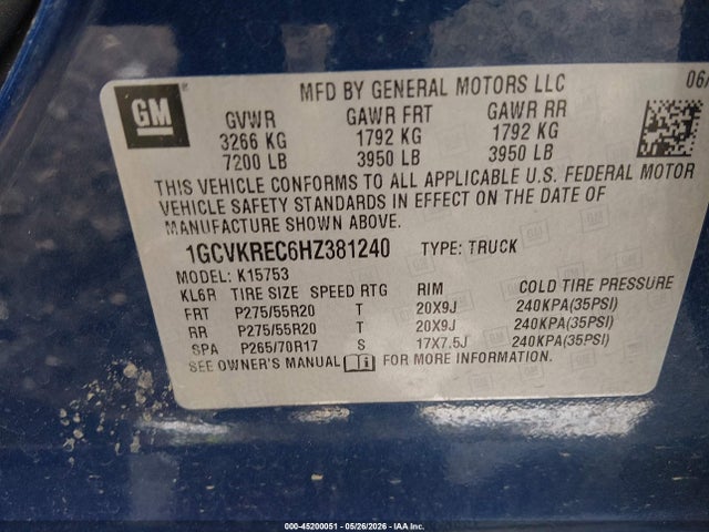 Продаж на аукціоні авто 2017 Chevrolet Silverado 1500 1lt, vin: 1GCVKREC6HZ381240, номер лоту: 45200051