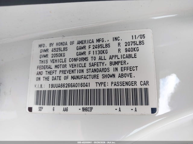 Aukcja sprzedaży 2006 Acura Tl, vin: 19UUA66266A016041, numer aukcji: 45200061